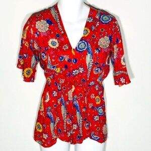 Lucky Loaves Wrap Style Romper Rosy Red & Blue Floral Print SZ S